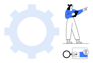 Elinde tablet ve işaret eden kadın mühendis, arka planda büyük vites, büyüteç aşağıda bir kullanıcı profilini vurguluyor. Teknoloji, mühendislik, takım çalışması, yenilik ve yönetim için ideal