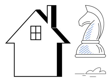 Pencereli ev taslağı, satranç şövalyesi stratejiyi sembolize ediyor ve bir bulut. Gayrimenkul, yenilik, fikirler, planlama, konut yaratıcılığı ve yatırım temaları için ideal. Düz basit metafor