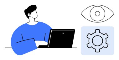 Laptop kullanan kişi, yanında görme, analiz ve teknik ayarları sembolize eden göz ve dişli simgeleri ile birlikte. Teknoloji, üretkenlik, takım çalışması, veri, iş stratejisi eğitimi için ideal basit