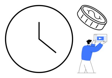 Büyük saat sembolü, maddi değeri temsil eden para dijital medya ekranı tutan kişi. Zaman yönetimi, üretkenlik, mali planlama, çevrimiçi öğrenme, video içeriği oluşturma için ideal