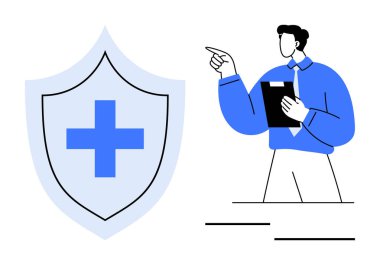 Elinde bir dosya tutan kişi tıbbi haçlı bir kalkanı işaret ediyor. Sağlık, sigorta, tıbbi tavsiye, güvenlik, sağlık, koruma, takım çalışması kavramları için idealdir. Düz basit metafor
