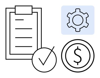 Kontrol listeli pano, daire işareti, vites sembolü ve dolar simgesi vurgulama süreci, tamamlama, verimlilik, başarı, strateji sektörü ve finansal hedefler. Proje yönetimi için ideal