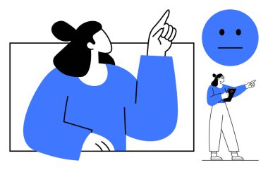 Kadın figürü yukarı doğru hareket eder, ilgiyi ya da fikri sembolize eder. Tarafsız mavi yüz ikonu ve elinde tablet tutan kadın. İletişim, eğitim, takım çalışması, rehberlik, sunum, analiz için ideal