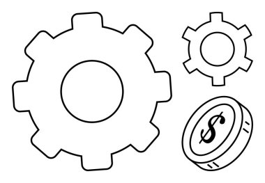 Farklı boyutlarda dişli mekanizmalarında bir dolar işareti bulunan bir madeni para var. Finans, teknoloji, iş verimliliği, operasyonel strateji, yenilik, süreç otomasyonu, basit iniş için ideal