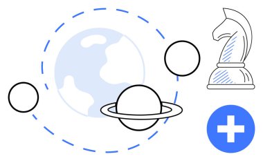 Dünya satranç şövalyesi ve tıbbi artı işareti olan gezegenlerle çevrili. Strateji, yenilik, takım çalışması, liderlik, küresel görüş, sağlık ve yaratıcılık için ideal. Düz basit metafor