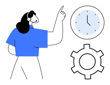 Kulaklıklı kadın teçhizatın yanındaki saate bakıyor. Zaman yönetimi, üretkenlik, uzaktan çalışma, müşteri desteği, organizasyon, görev çizelgesi ve basit bir iniş sayfasını temsil eder