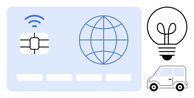 Kablosuz ikonu olan ödeme kartı, küresel erişimi temsil eden küre, fikirleri sembolize eden ampul ve taşımacılık için araba. Fintech, yenilik, eko-hareketlilik, bağlantı, fikir küreselleşmesi için ideal