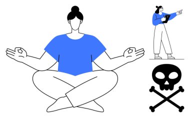 Sakin bir şekilde meditasyon yapan bir kişi, düşüncede tablet kullanan bir kadın ve dikkatli olmak için kemikleri olan bir kafatası. Farkındalık, sağlık, verimlilik, karar verme, uyarı, basit iniş için ideal