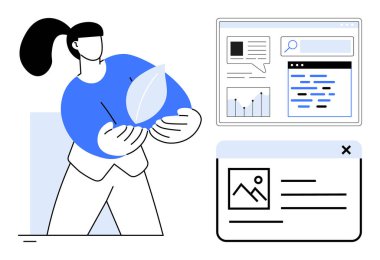 Kadın elinde sürdürülebilirliği sembolize eden bir yaprak tutuyor, web analitik grafikleri ve içerik bölümlerinin yanında. Sürdürülebilirlik, teknoloji, dijital pazarlama, veri analizi, çevre dostu temalar için ideal