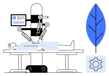 Ameliyat masasında yatan hastaya robot kollar, hayati organları gösteren dijital monitör, sürdürülebilirliği sembolize eden yaprak, hassasiyeti gösteren vites simgesi. Sağlık, yapay zeka ve eko-teknoloji için ideal.