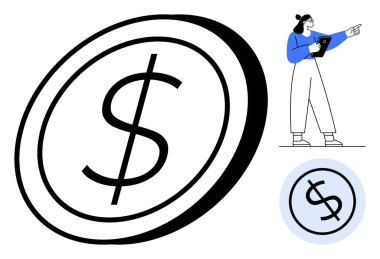 Büyük paralar finansı ön plana çıkarır. Elinde tabletle fırsatları gösteren profesyonel bir kadın. İş, yatırım, ekonomi, büyüme, kar, strateji, basit iniş sayfası için ideal