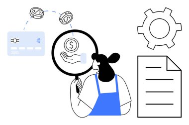 Kadın, dişliler, ödeme kartı ve belgelerle çevrili bir dolar sikkeyi büyüteçle inceliyor. Finans, analiz, ödemeler, yatırımlar, raporlama stratejisi ve basit bir iniş sayfası için ideal