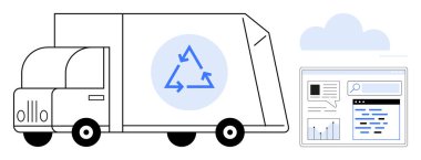 Sürdürülebilirlik üçgenli geri dönüşüm kamyonu, verileri analiz eden dijital gösterge paneli ve bulut. Atık yönetimi, sürdürülebilirlik, lojistik, teknoloji, veri, çevre sade iniş için ideal