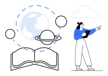 Gezegen sembolleri ve Dünya 'nın olduğu açık bir kitap. Gökyüzünü gösteren tabletli bir kadın. Eğitim, bilim, astronomi, öğrenme, keşif, keşif, basit iniş sayfası için ideal