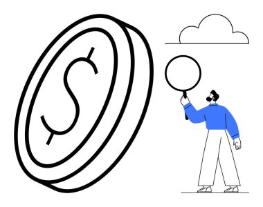 Elinde büyüteç tutan adam büyük boy parayı araştırır. Arka planda bulut var. Finans, analiz, ekonomi, tasarruf, araştırma, yatırım, basit iniş sayfası için ideal