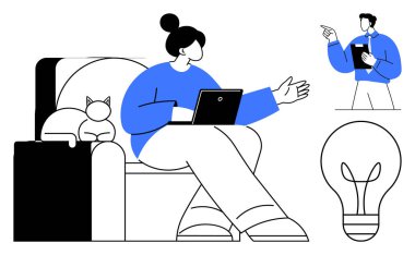 Dizüstü bilgisayarda kediyle çalışan bir kadın, iş arkadaşı sunum yapıyor, ampuller fikir paylaşımını sembolize ediyor. Uzak çalışma, yaratıcılık, takım çalışması, beyin fırtınası, iletişim, yenilik için ideal