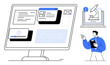Multimedya içeriğini gösteren büyük monitör, bulguları laboratuvar mikroskobu ile sunan araştırmacı. Eğitim, araştırma, teknoloji, veri analizi, çevrimiçi öğrenme ve bilim için ideal