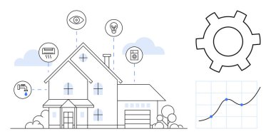 Akıllı sistemler için simgeleri olan modern ev aydınlatma, güvenlik, ısıtma ve aletleri onaylıyor. Vites ve büyüme grafiği. Otomasyon, analitik, IOT, enerji verimliliği izleme için ideal