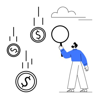 Elinde büyüteç tutan kişi düşen paraları inceler, analizi, finansmanı ya da yatırımı önerir. İş, para, bankacılık, strateji, büyüme tasarruf basit iniş sayfası için ideal