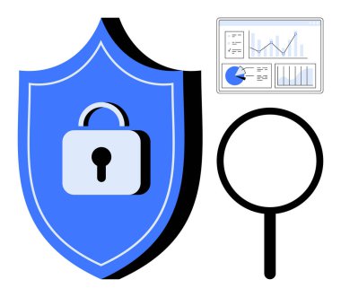 Güvenlik sembollü kalkan, soruşturma için büyüteç, kavrayış için analitik gösterge paneli. Siber güvenlik, analitik, veri gizliliği, araştırma, tespit, teknoloji için ideal
