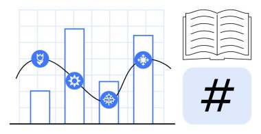 Mevsimlik simgeleri, çizgi çizelgesi, açık kitap, trend meta veri etiketi olan bar grafiği. Analiz, eğilimler, eğitim, istatistik, veri görselleştirme için ideal basit iniş sayfaları