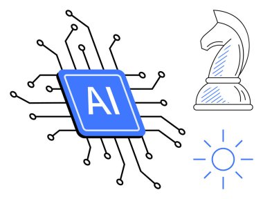 Devreli Mavi yapay zeka mikroçipi, stratejik satranç şövalyesi, ve güneş ışınları yeniliği, zekayı ve parlak fikirleri sembolize ediyor. Teknoloji, yenilik, yapay zeka ve strateji için idealdir.