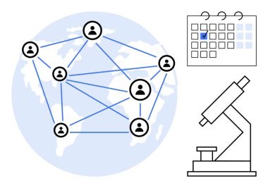 İnsanlar küresel olarak bir harita üzerinde birbiriyle bağlantılı, araştırmayı sembolize eden bir mikroskop ve planlama için işaretlenmiş bir takvim. Takım çalışması, iletişim, araştırma, programlama, eğitim, ağ kurmak için ideal
