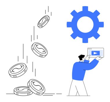 Düşen paralar gelir artışını sembolize eder, bir kişi video içerikli bir ekran tutar ve bir vites otomasyonu temsil eder. Teknoloji, pazarlama, ekonomi, finans, eğitim ve yenilik için idealdir.