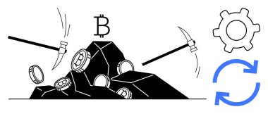 Kazmalar taş kırıyor Bitcoin paralarını ortaya çıkarıyor, madencilik işlemini engelliyor ve sembolü tazeliyor. Kripto para birimi, engelleme zinciri, madencilik, fintech, ekonomi, işleme teknolojisi için ideal. Düz basit