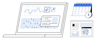 Büyüme grafikleri, grafikleri ve görev listeleriyle birlikte bir takvim, saat ve web sayfası olan dizüstü bilgisayar ekranı. İş analizleri, verimlilik, planlama toplantıları için ideal veri yönetimi çevrimiçi