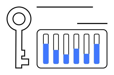 Yenilik, güvenlik, araştırma ve bağlantılar temalı mavi sıvı test tüplerinin yanında anahtar. Bilim, araştırma, biyoteknoloji, veri güvenliği, deney yaratıcılığı için ideal