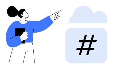 Meta-veri etiketli bir bulut simgesini işaret eden kadın, dijital ve sosyal medya eğilimlerini vurguluyor. Sosyal medya, bulut hesaplama, teknoloji, iletişim, takım çalışması, markalaşma, basit iniş için ideal