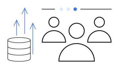 Kullanıcı simgeleri ve ilerleme göstergelerinin yanında yukarı doğru ok olan soyut veri yığını. Analiz, takım çalışması, büyüme, işbirliği, kullanıcı verileri, yenilik ve basit iniş sayfası için ideal