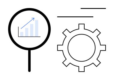 Büyüteç, bir dişlinin yanında yukarı doğru büyüme grafiğini inceliyor. İş analizi, optimizasyon, strateji, üretkenlik, planlama, verimlilik ve yenilik için ideal. Asgari düz metafor