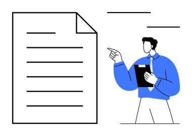 Pano tutarken, iletişim ve takım çalışmasını temsil eden büyük belge simgesini gösteren kişi. Eğitim, iş, işbirliği, yönetim, planlama ve rehberlik için ideal. Düz