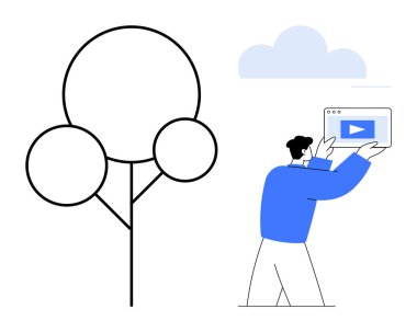 Mavili kişi elinde bir tablet ve bir oyun tuşu tutuyor, biçimlendirilmiş bir ağaç ve bulutun yanında duruyor. Takım çalışması, yaratıcılık, sunum, doğa, sürdürülebilirlik, teknoloji, basit iniş sayfası için ideal