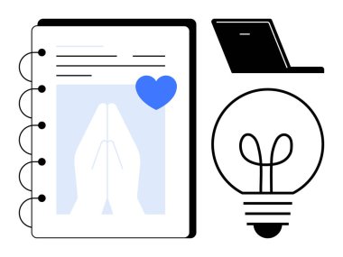 Dua eden eller ve kalp sembollü defter, dizüstü bilgisayar ve ampul ruhaniliği, yaratıcılığı, inancı, öğrenmeyi, üretkenliği, yeniliği ve bağlı düşünmeyi sembolize eder. Beyin fırtınası için ideal.