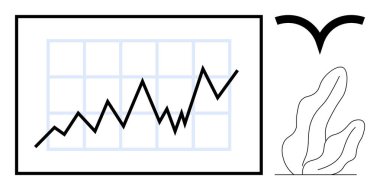 Şebeke arka planında yükselen çizgi grafiği, soyut bitki ve tepemizde uçan kuş. Basit bir iniş sayfasında büyüme, ilerleme, analitik, başarı, çevre, basitlik ve strateji için ideal
