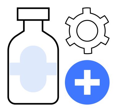 Teçhizatın yanında ilaç kutusu ve sağlık hizmetlerini, yenilikleri, teknolojiyi, tıbbi hizmetleri, teşhisleri, tedaviyi, ilaç araştırmalarını, basit iniş sayfalarını sembolize eden çapraz simge