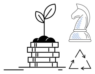 Yığılmış paraların üzerinde büyüyen bitki, yatırım büyümesini sembolize eder. Satranç şövalyesi stratejiyi yansıtır ve geri dönüşümlü oklar sürdürülebilirliği gösterir. İş, finans, ekoloji, strateji ve yeşil ekonomi için ideal