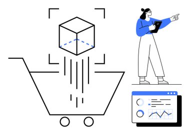 3D ürün modelli dijital alışveriş arabası, tablet tutan interaktif kullanıcı ve veri analiz paneli. E-ticaret, perakende, pazarlama, teknoloji, analitik, ürün tanıtımı için ideal