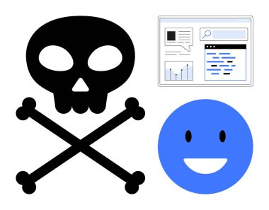 Kafatası ve çapraz kemikler, gülen yüz, ağ analiz çizelgesi penceresi. Siber güvenlik, içerik güvenliği, veri analizi, çevrimiçi mahremiyet, dijital etik, tehdit algılama ve basit bir iniş için ideal