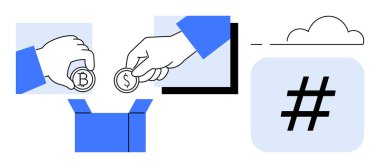 Eller açık bir kutuya B ve S harfleriyle işaretlenmiş bozuk paralar yerleştiriyor. Bulut ve esrar sembolüyle birlikte. Kitle fonlama, engelleme zinciri, finans, tasarruf, e-ticaret, bulut hesaplama, basit iniş sayfası için ideal