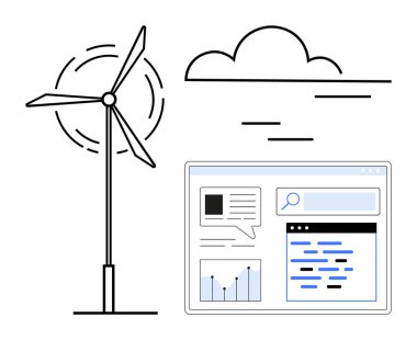Analitik gösterge paneli ve bulutun yanındaki rüzgar türbini yenilenebilir enerji, veri analizi ve teknoloji entegrasyonunu yansıtır. Sürdürülebilirlik, yenilik, teknoloji, enerji, çevre dostu girişimler için ideal