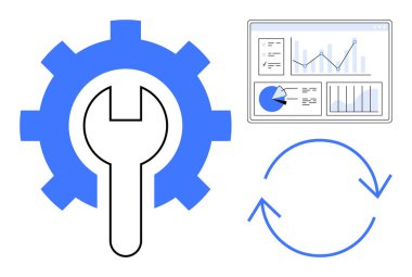 İngiliz anahtarı ile dişli, güncellemeler için gösterge paneli ve dairesel ok ile eşleştirilmiş araçları ve ayarları sembolize eder. Teknoloji, analitik, sistem bakımı, süreç iyileştirmesi için ideal