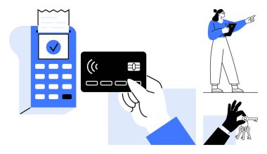 Ödeme terminalinde el ele tutuşmalar, makbuzlar, anahtarlar. Temassız ödeme, e-ticaret, teknoloji, perakende, müşteri hizmetleri, mülkiyet borsası basit iniş sayfası için ideal