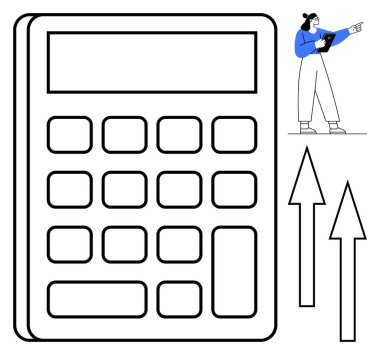 Büyüyen okları olan büyük bir hesap makinesi ve elinde pano tutan bir kadın. Finans, muhasebe, analiz, büyüme, bütçe, yatırım, eğitim için ideal