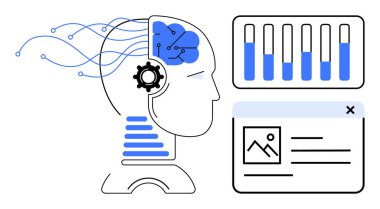 Devreli yapay zeka, çubuk grafik analizi ve arayüz parçacık kartı. Teknoloji, yenilik, veri bilimi, yapay zeka entegrasyonu, makine öğrenimi, dijital dönüşüm için ideal basit iniş sayfası