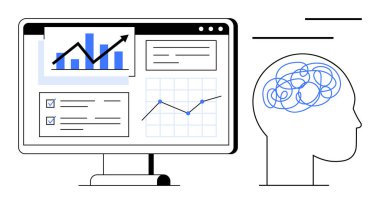 Bilgisayar monitörü, soyut düşünmeyi sembolize eden karmaşık çizgilerle insan profilinin yanında grafikler, analitikler, görevler ve veri görselleştirmelerini gösteriyor. Strateji ve problem çözme için ideal