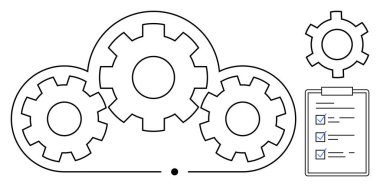 Birbirine kenetlenmiş viteslere bağlı bulut iskeleti ve kontrol listesi otomasyon, iş akışı ve optimizasyonu simgeler. Teknoloji, işbirliği, sistem yönetimi, analitik ve yenilik için ideal